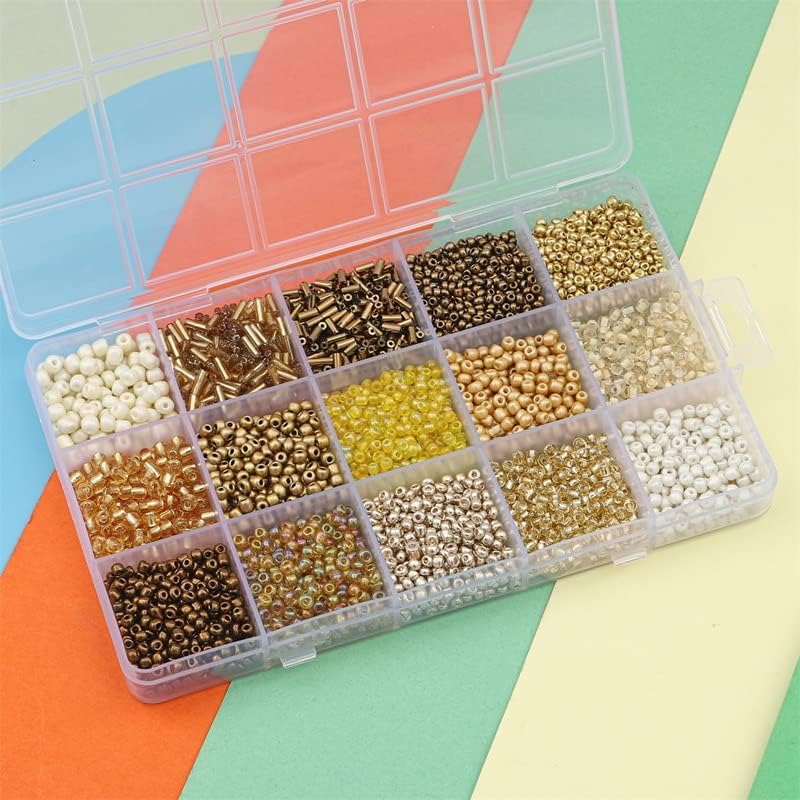 15 Grid Gold Glass Seed Bugle & Tube Beads Kit for Jewelry Making DIY Craft