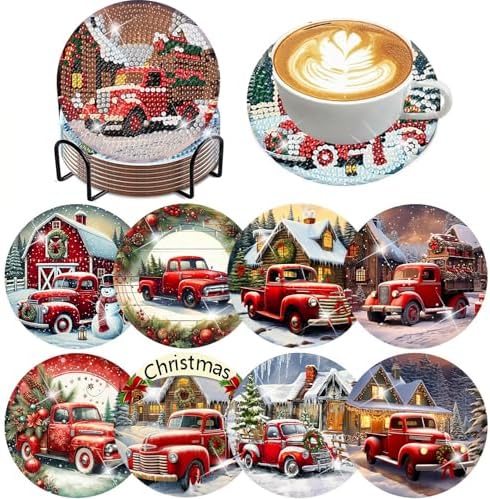 ijbnhd 8 PCS Christmas Diamond Art Coasters Kit with Holder