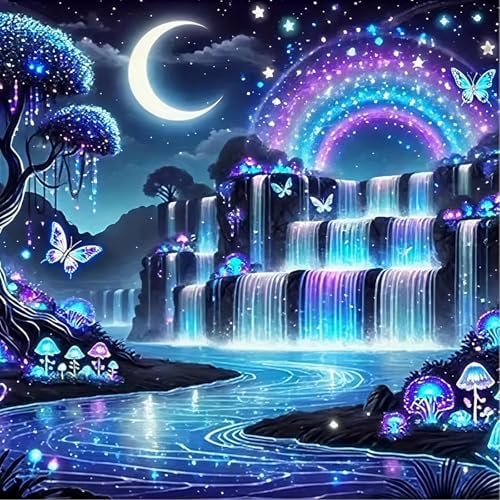 Diamond Art Kits for Adults, Waterfall Moon Diamond Painting Kit for Adults Beginners, Fantasy Rainbow Landscape Round Full Drill Diamond Dots DIY Gem Art Painting KIts for Home Decor 14 X 14 Inch