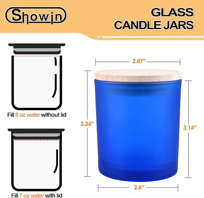 SHOWIN 8 OZ Thick Candle Jars for Making Candles 15 Pcs, Empty Jars with Wood Lids for Candle Making, Sample Container, Frosted Blue
