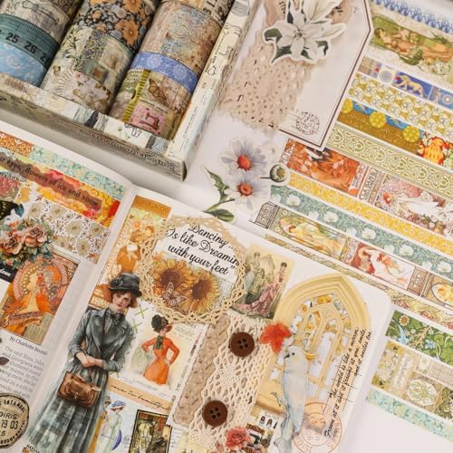 Vintage Washi Tape Set - 24 Rolls Arts Adhesive Tapes Assorted Retro Decorative Masking Tape Sets for Craft, Kids, Scrapbook, DIY, Gift Wrapping (7-Daily Vintage)