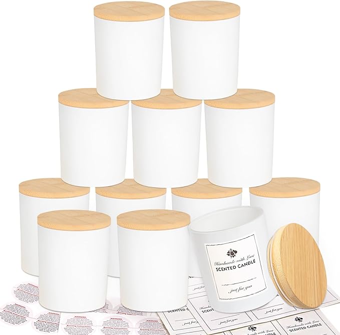 CONNOO 12 Pack 10 OZ White Glass Candle Jars with Bamboo Lids | For Making Candles, Airtight, Sticky Warning Labels, Empty Container Bulk, Dishwasher Safe