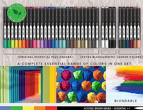 TOOLI-ART 36 Flexible Brush Tip Acrylic Paint Pens Markers Set 1-7mm Line for Rock Painting, Glass, Mugs, Wood, Metal, Canvas, Plastic. Non Toxic Waterbased Quick Drying
