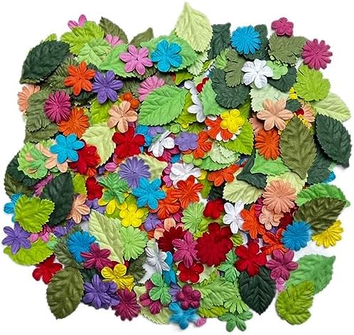 200 Pcs Handmade Mixed Mulberry Paper Flowers Petals and Leaves Scrapbooking Wedding DIY Craft Supplies Card (10 Colors Flowers/Green Tone Leaves)