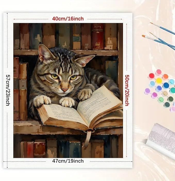 Intellectual Whiskers Paint by Numbers Kit for Adults - DIY Tabby Cat Reading Painting on Canvas 16x20 Inches, Acrylic Paint Set, Suitable for Beginners, Great for Home Decoration or Gifts