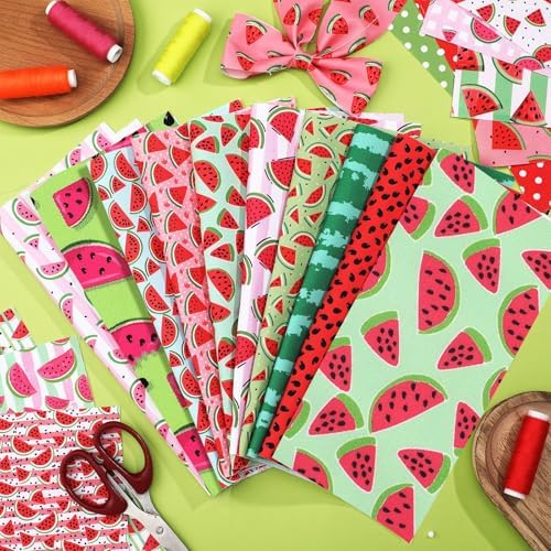 HunnmingRe 20 Pcs 10''x10'' Watermelon Quilting Fabric Square Watermelon Precuts Quilted Fabric Bundle Plaid Polka Dot Stripes Printed Sewing Material for Spring Summer Patchwork DIY Craft Supplies