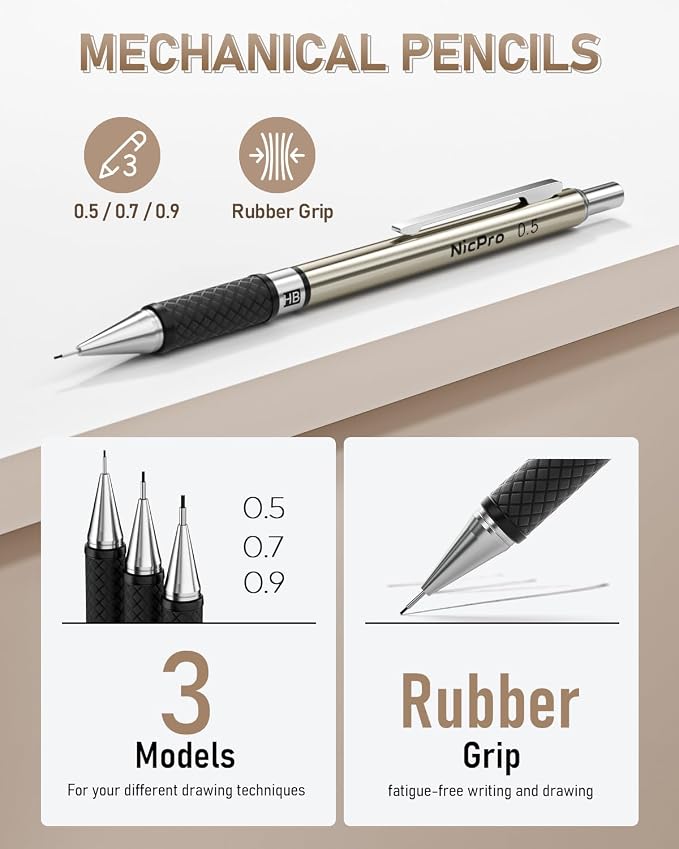 Nicpro 35PCS Art Mechanical Pencil Set, 3 PCS Metal Drafting Pencil | 0.5 & 0.7 & 0.9mm & 3 PCS 2mm Lead Holder (6B 4B 2B HB 2H 4H Colors) For Sketching Drawing With 20 Tube Lead Refills Case