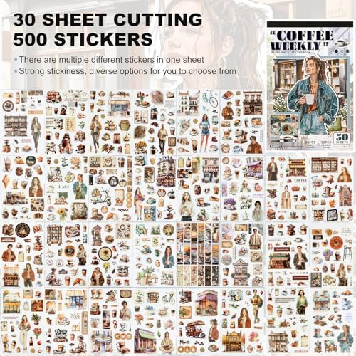 Scrapbooking Stickers - 500 Pre-Cut Washi Stickers & 20 Scrapbook Papers Coffee and People Sticker Books for journaling Scrapbooking Supplies