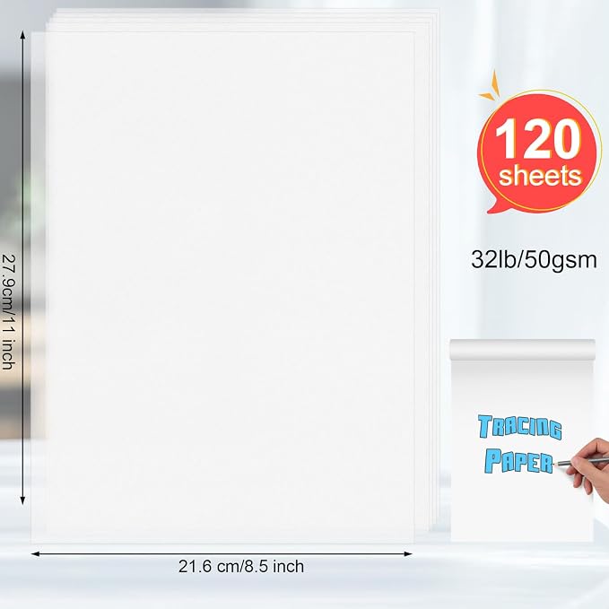 120 Sheets Tracing Paper for Drawing, 8.5”x 11” Trace Paper, Translucent Vellum Paper Tracing Paper Pad, Tracing Pad for Sketching, Preliminary Drawing, Overlaying Images Tracing