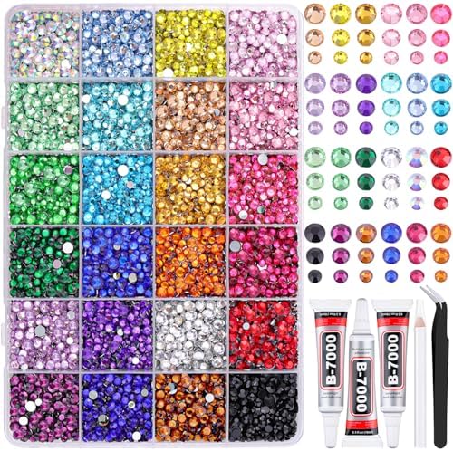 Resin Rhinestones for Bedazzling with Tweezers, 12000Pcs Multicolor 3/4/5mm Rhinestones for Crafting with 3Pcs 10ml B7000 Jewelry Glue for DIY Crafts Clothing Tumblers Shoes Fabric Nail Art