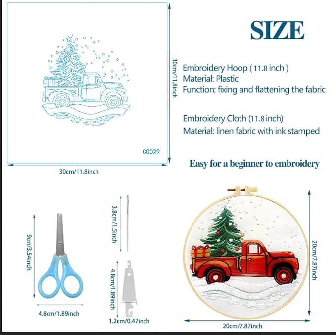 Zhenqing Christmas Red Truck Embroidery Kit for Beginners, Tree and Gifts Needlework Kit with Pre-Printed Fabric, Hoop, Threads & Tools (C0029)
