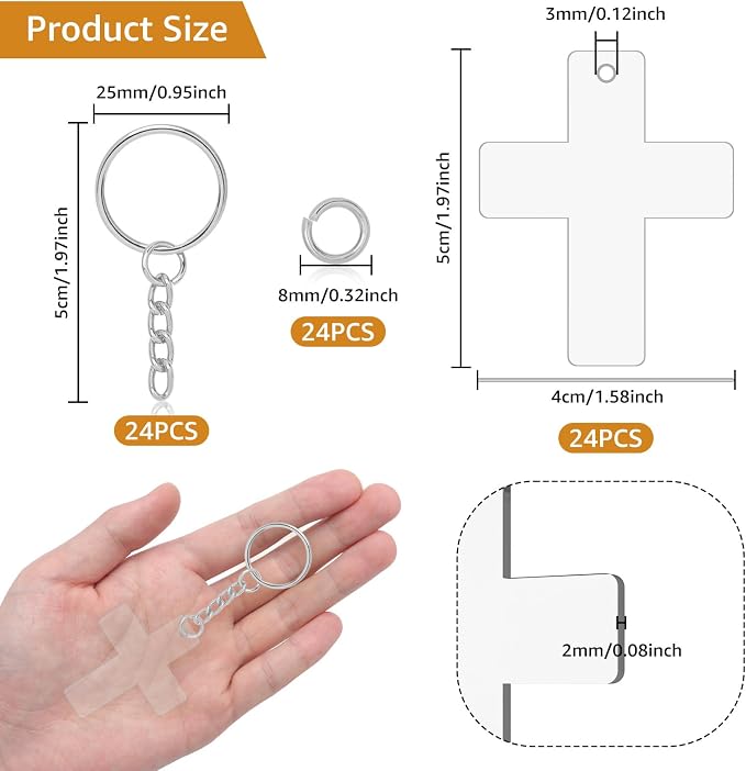 Acrylic Keychain Blanks Kit,24Clear Cross Acrylic Blank with Hole 24 Key Rings with Chains and 24 Jump Rings Clear Ornament Blanks Bulk for DIY Keychains Vinyl Crafts Jewelry Labels Gifts Packaging