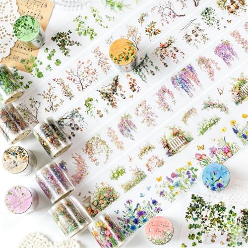 6PCS Floral Washi Tape Stickers PET Tape Stickers for Journaling Botanical Flower Decorative Tapes for Crafts Scrapbooking Junk Journal Supplies Bullet Journaling (Flower 1)