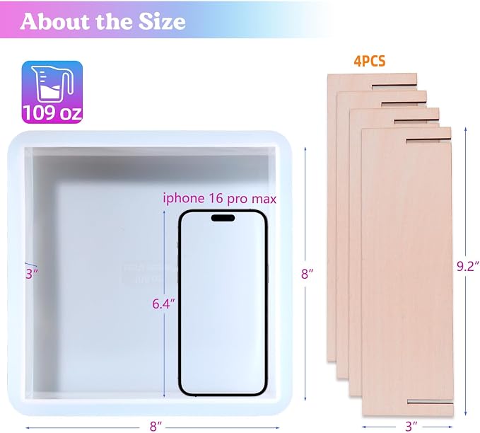 LET'S RESIN Large Silicone Square Molds for Resin, Glossy Deep Square Molds 8''x 3'' w/Wooden Support, Epoxy Resin Molds for Flowers Preservation, Resin Casting Molds for DIY Home Décor