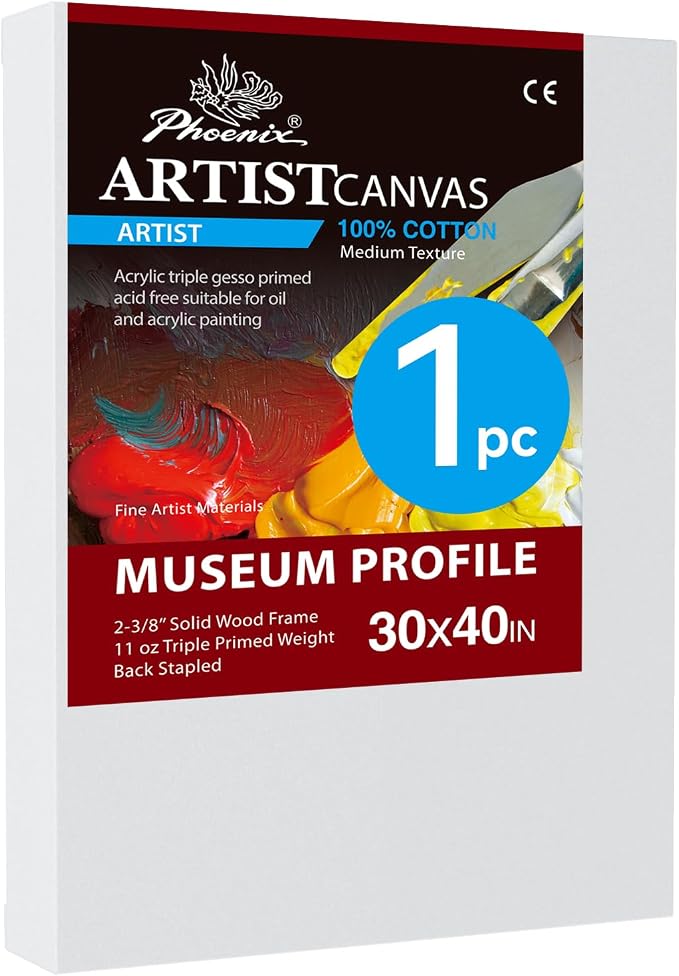 PHOENIX 30x40 Inch Museum Canvas - 2 3/8 Inch Thick Porfile Deep Large Stretched Canvas for Painting 1 Pack 100% Cotton 11 Oz. Gesso Primed White Blank Professional Canvas Oil & Acrylic Paints