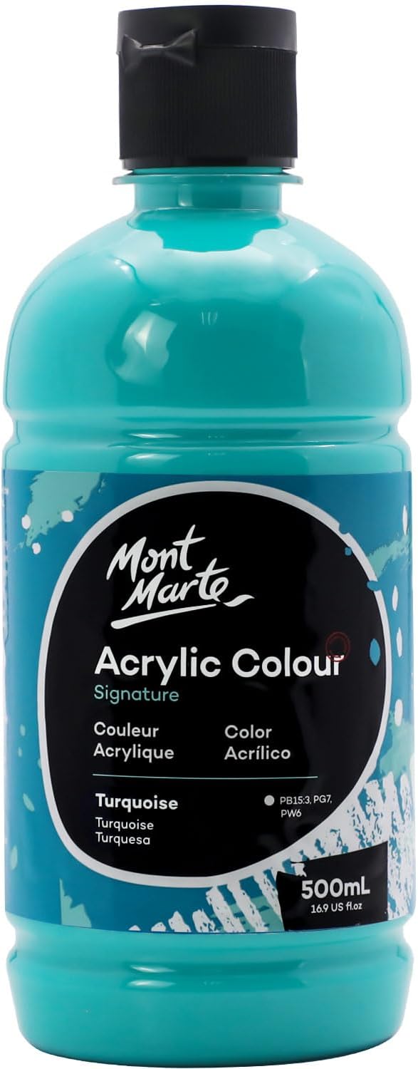 Mont Marte Signature Turquoise Acrylic Paint, 16.9oz (500ml), Semi-Matte Finish, Suitable for Canvas, Wood, Fabric, Leather, Cardboard, Paper, MDF and Crafts