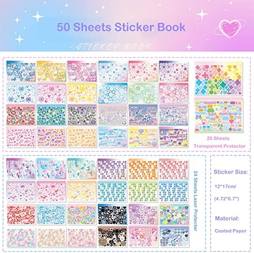 Doraking 50 Sheets Laser Sticker Book for Arts Craft Scrapbook | Self Adhesive Love Cute Stickers for Greeting Cards Home Decoration DIY Deco Stickers(B)