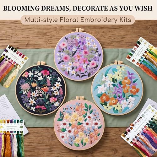Harimau Adult Beginner Embroidery Starter Kit, Complete Set with 4 Patterns, 2 Hoops, Needles, Scissors, Instruction Guide & Stitching Video Tutorials