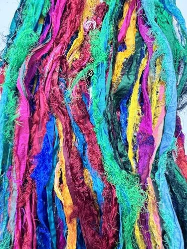 Maker's Craft Recycled Fuzzy Fringes Sari Silk Ribbon Yarn 35yards, 100Grams for DIY Knitting Crocheting Gift Wrapping, Christmas Decoration, Macrame Makers, Jewelry Making, Rugs Hooking (Multicolor)