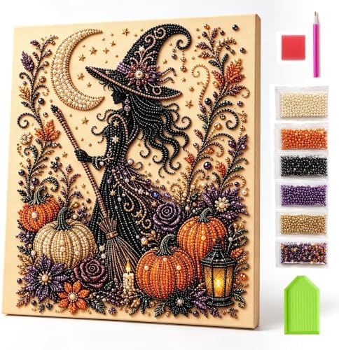 GYZOMKBIU Halloween Pearl Art Kit, Halloween Witch PearlArt DIY Kit for Adults Spooky Cute 3D Pearl Diamond Art Kit, DIY Dimond Art Paintings Home Decor Wall Art, Beginner DIY Seasonal Party Gift