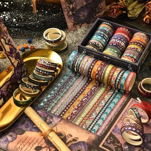 36 Rolls Skinny Washi Tape Set Gold Foil Detailing Arts Adhesive Tapes Basic Patterns Decorative Masking Tape Sets for Craft, Kids, Scrapbook, DIY, Gift Wrapping (Colorful Silver)