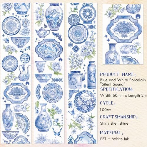 Sitsink PET Tape for Journal Scrapbooking - Elegant Chinoiserie PET Tape Stickers for Crafts Junk Journal Supplies Notebook Scrapbook DIY Decor