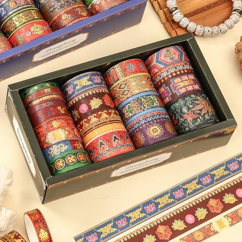 20 Rolls Chinese Style Washi Tape Set, Ancient Palace Pattern Decorative Masking Tapes with Gold Foil, Various Sizes for Craft, Scrapbook, DIY, Gift Wrapping (31-Crimson Glow Majesty)