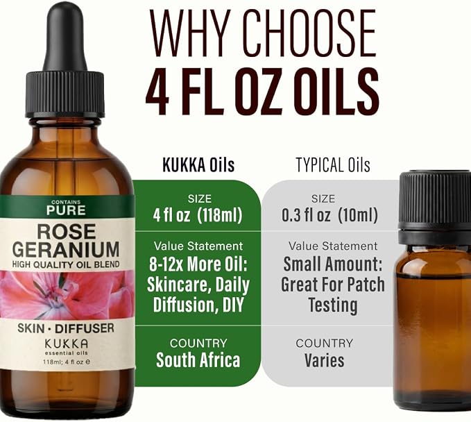 100% Pure Rose Geranium Essential Oil 4 Fl Oz - Geranium Oil for Skin | Undiluted for Hair, Scalp, Diffuser, Aromatherapy, Body Massage and Blending - Sweet Floral Aroma, with Dropper
