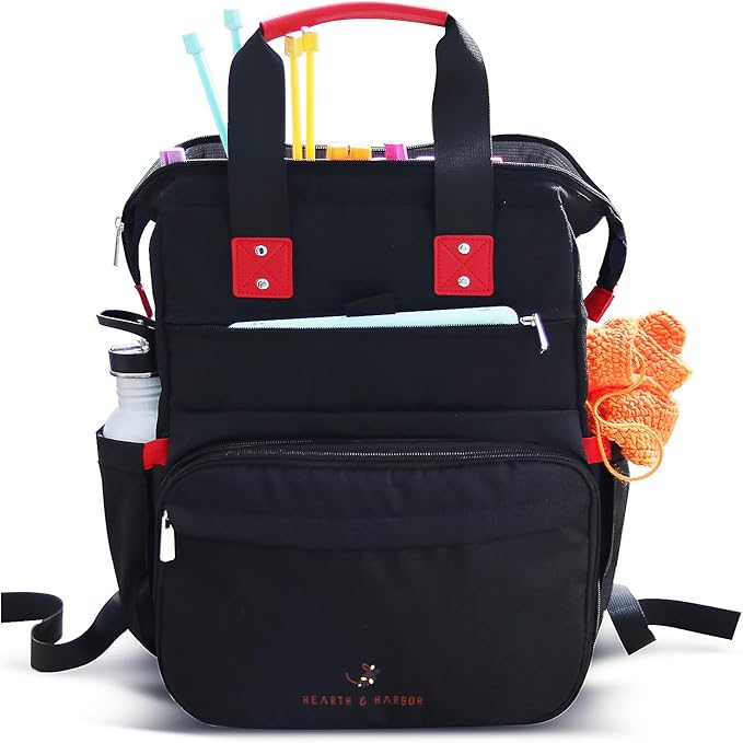 Hearth & Harbor Crochet Backpack, Crochet Bag Organizer, Canvas Knitting Bag, Yarn Organizer for Crochet Accessories and Supplies, Travel Yarn Bag with USB Charging Port, Yarn Storage Organizer