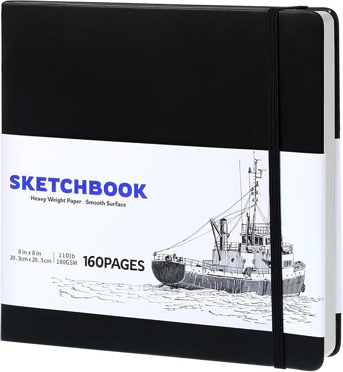 Hardcover Sketchbook 8×8 in, 180 GSM, 80 Sheets, Square Drawing Pad | Acid-Free Paper, Pu Leather Cover, Perforated Pages, Elastic Closure, Back Pocket, Flat-Lay Design