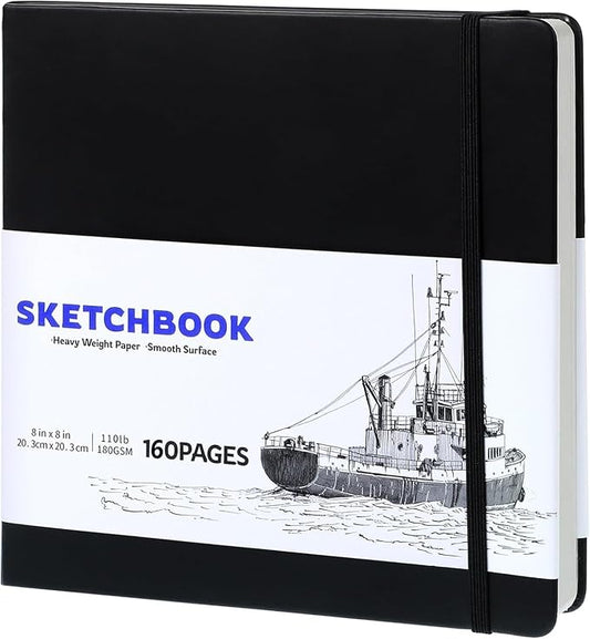 Hardcover Sketchbook 8×8 in, 180 GSM, 80 Sheets, Square Drawing Pad | Acid-Free Paper, Pu Leather Cover, Perforated Pages, Elastic Closure, Back Pocket, Flat-Lay Design