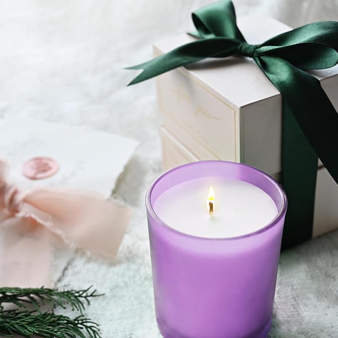 SHOWIN Thick Candle Jars for Making Candles 12 Pcs, 7 OZ Empty Jars with Wood Lids for Candle Making, Sample Container, Frosted Purple