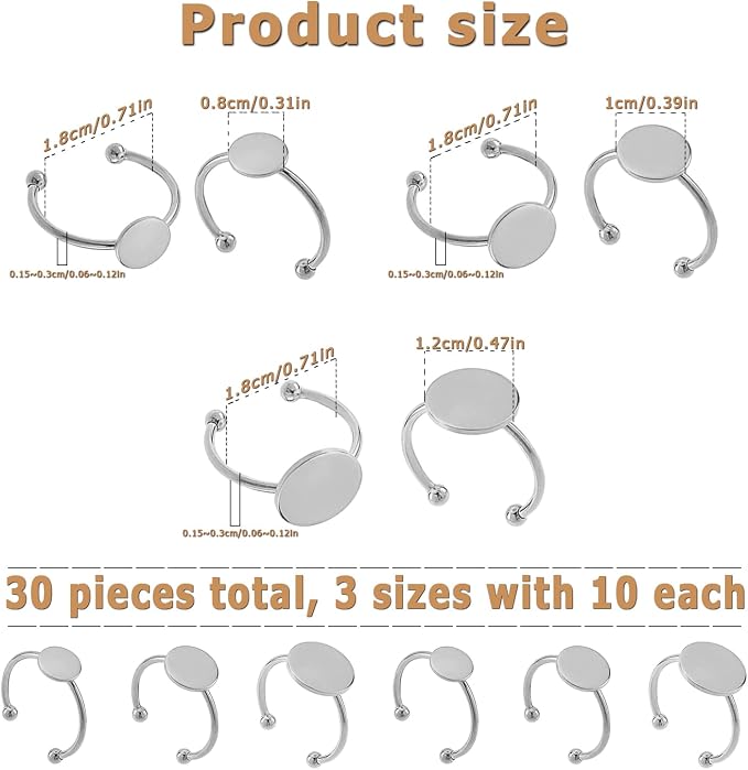 30 Pcs Blank Rings - MaehSab Stainless Steel Adjustable Pad Ring Base, Flat Blank Ring Base Tray for Jewelry Making DIY Crafts (Silver)