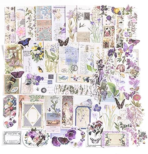 Alideco 200pcs Vintage Scrapbook Stickers Kawaii Purple Floral Scrapbooking Paper Washi Junk Journaling Supplies Collage Album Aesthetic Cottagecore Picture Frames(Butterfly)