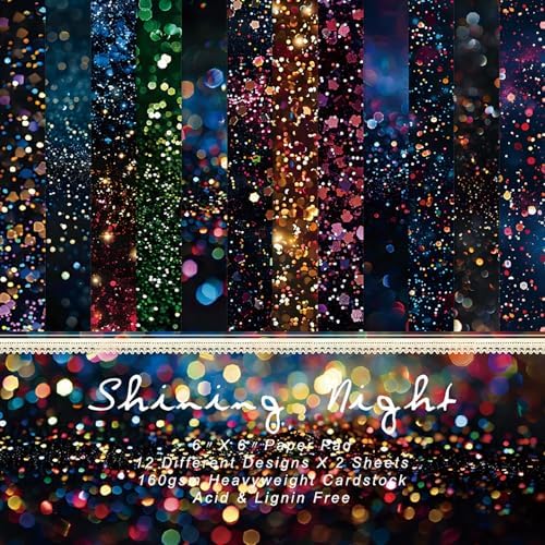 Neon Scrapbooking Paper Pad, 6 x 6 Inch Glitter Dust 160gsm Cardstock Paper, 24 Sheets Luxury Rainbow Sparkle Craft Paper for New Year Party, Holiday Cards DIY