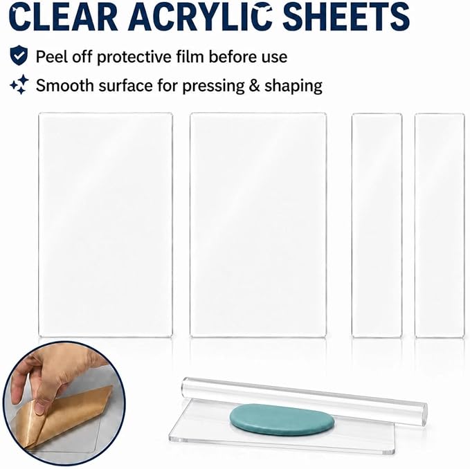 12 Pcs Polymer Clay Tools Kit, Acrylic Roller Rolling Pin Cutters | Air Dry Clay Sculpting Supplies Set, Small Clear Craft Roller, Tissue Blades Knife Slicer, Sheet Press Board, Texture Needle