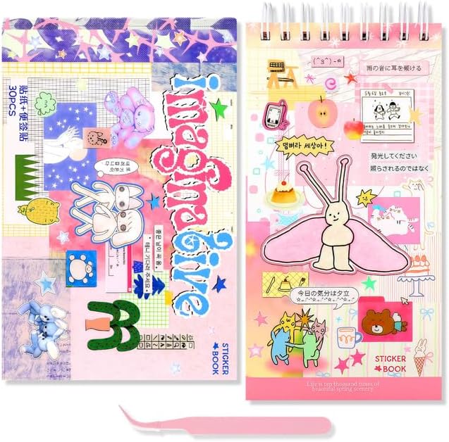 50 Sheets Japanese Sticker Book Manga 1200+ Scrapbook Stickers Kawaii Korean Decor Stickers Junk Journal Supplies for Journaling Scrapbooking Cute Decor Sticker for Kids Adult DIY Cosmtic Books-B
