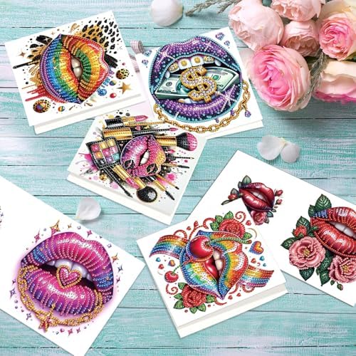 antor 6 Pack 5D Diamond Painting Greeting Cards, Fashionable Lip Design