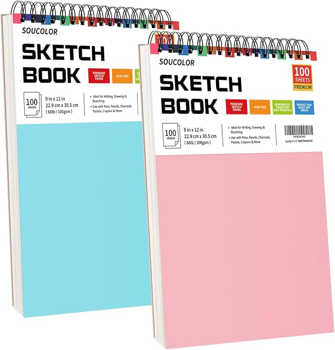 Soucolor 9x12 Sketch Book 2-Pack, 100 Sheets, Acid-Free Drawing Pads | Yop spiral-bound sketchbooks with 68lb acid-free paper,micro-perforated pages,& flat-lay design, great for kids and beginners