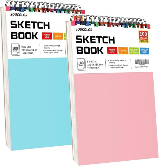 Soucolor 9x12 Sketch Book 2-Pack, 100 Sheets, Acid-Free Drawing Pads | Yop spiral-bound sketchbooks with 68lb acid-free paper,micro-perforated pages,& flat-lay design, great for kids and beginners
