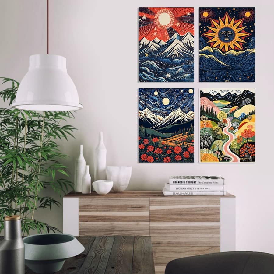 DOTSOPS 4 Pack Landscape Abstract Round Diamond Painting Kits for Adults