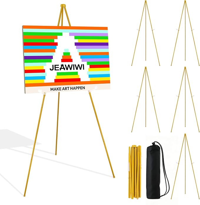 JEAWIWI 6 Pcs Lightweight Easel Stand, 66 Inch, Gold, with Portable Bags | Adjustable Folding Metal Easel Stand for Wedding Sign, Display Show, Art Show, Poster Display