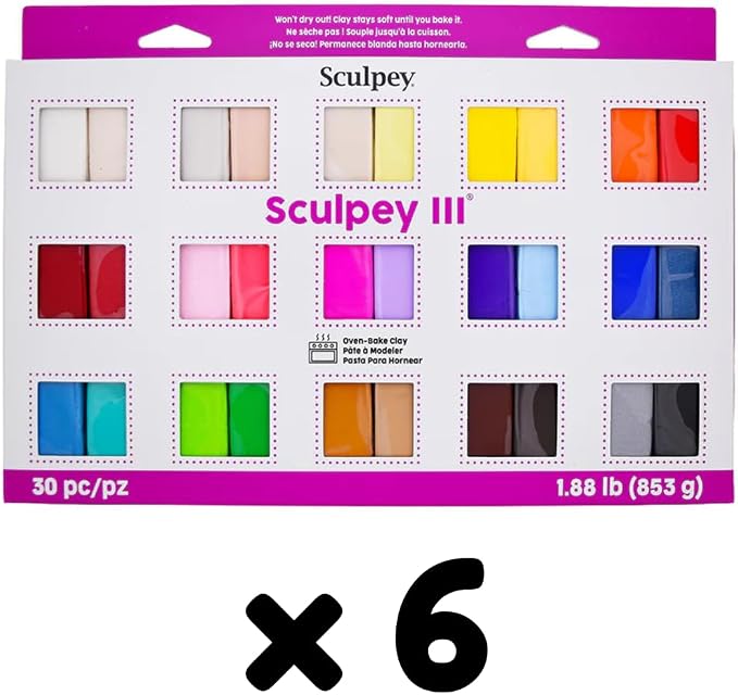 Sculpey III Oven-Bake Polymer Clay 30-Count Sampler Set, 30 Assorted Colors in 1 oz. Bars, Perfect for Jewelry, Home Decor, and General Crafting, Class Pack of 6 Sets, 180 Bars of Clay Total