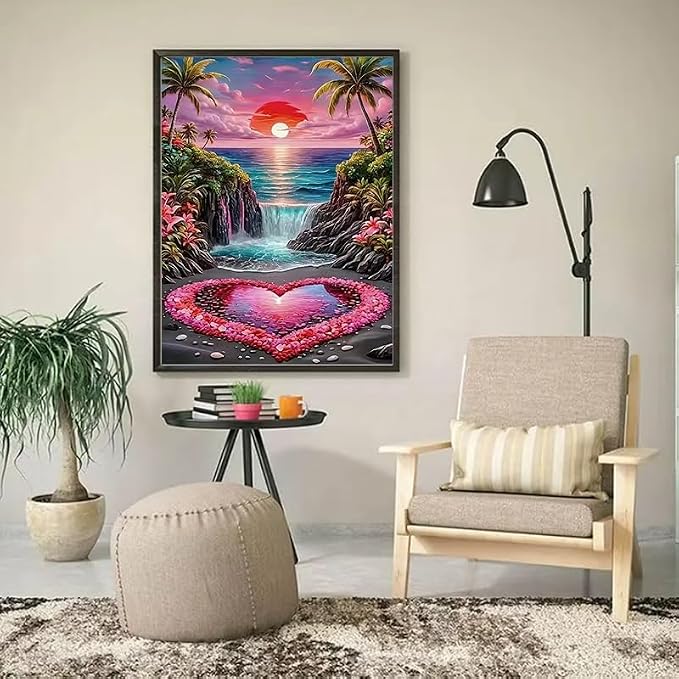 YUXUANKANG Diamond Painting Kit, Tropical Beach Sunset with Waterfall and Heart, Colorful Landscape Art 12x16 inch