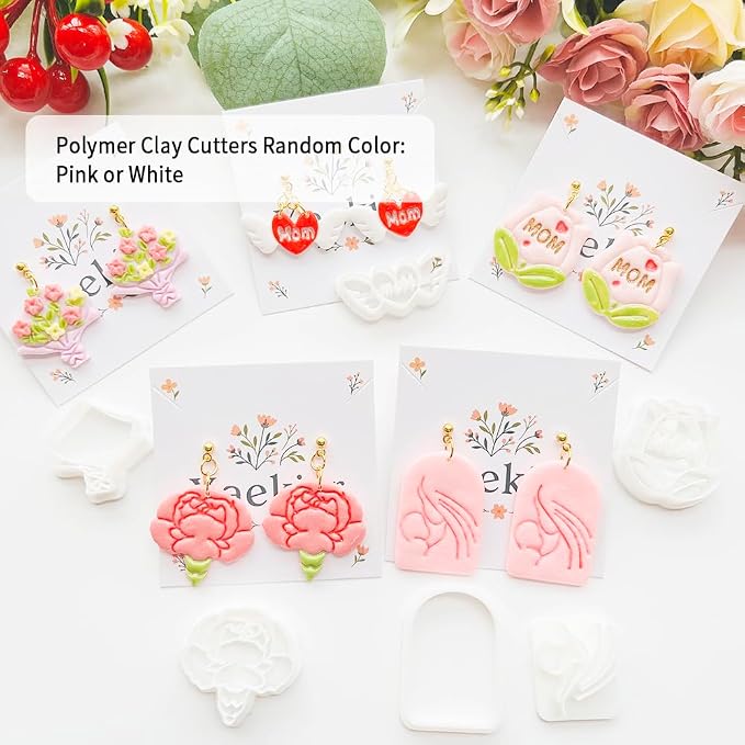 Mother’s Day Polymer Clay Cutters & Stamp Set - 12pcs Sharp & Durable Mom, Heart, Cake, Carnation & Gift Shapes for DIY Earring Jewelry Making, Soft Clay Crafts & Holiday Supplies