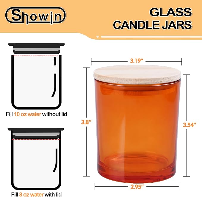 SHOWIN 10 OZ Thick Candle Jars for Making Candles 15 Pcs, Empty Jars with Wood Lids for Candle Making, Sample Container, Clear Orange