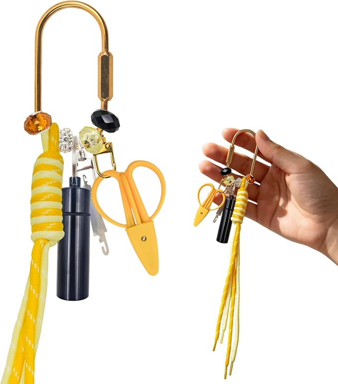 MAGNEECH Needlepoint Keychain Kit, Needlepoint Bag with Mini Embroidery Scissors, Needle Threader, Needle Holder Tube & Gold Keyring, Portable Cross Stitch Sewing DIY Crafts (Yellow)
