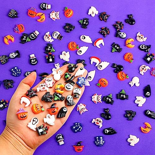 FOIMAS Halloween Resin Flatback Charms,100pcs Pumpkin Ghost Spider Embellishment Resin Miniatures for Halloween Ornament Supply