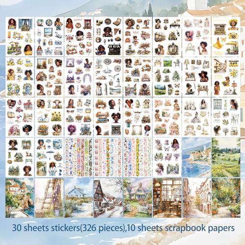 Prstincol 326Pcs Black Girl Themed Planner Stickers Book, People Stickers for Junk Journal Kit, 40 Sheet Scrapbook Supplies with Washi Tape for Planners, Bullet Journal ,Mixed Media Art