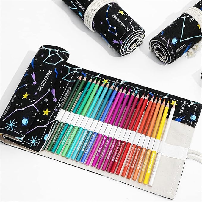 DIYOMR 12/24/36/72 Slots Pencil Wrap Pencil Rolls, Artist Colored Pencil Roll Up Bag Short Brush Pouch Case Pencils Organizer for Drawing Coloring and Sketching, No Pencils (Constellation, 12slots)